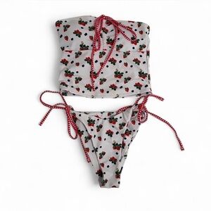 Cherry Print Strapless Bikini Set